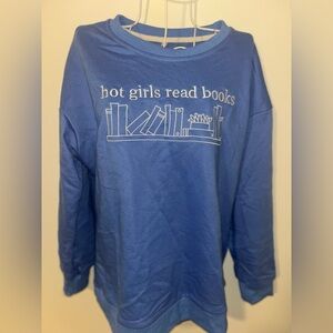 Blue sweater “Hot Girls Read Books” with Book Design
